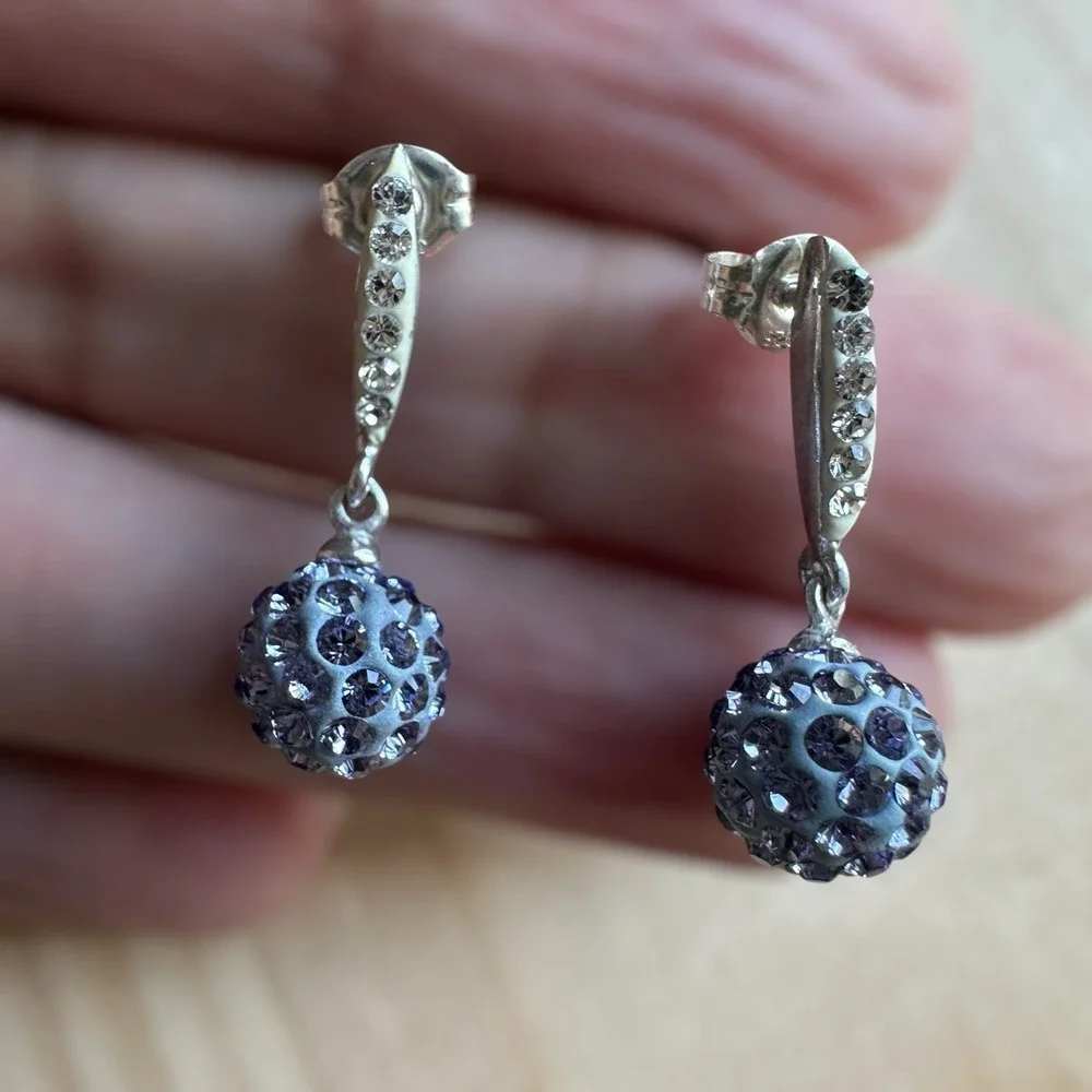 AU Stud Post Earrings‎ 0.9 Inch Ball Dangles Pave CZ Tanzanite 925 Sterling 2.3g